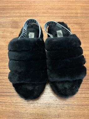 UGG Black Fluff Yeah Slide Slippers with Branded Heel Strap